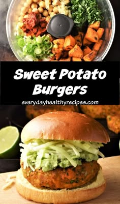 sweet potato burgers with avocado, lettuce and chickpeas