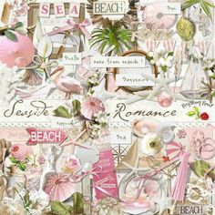 a collage of pink and white images with flowers, birds, seashells