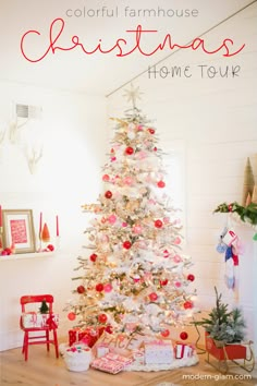 a white christmas tree with presents under it and the words colorful farmhouse christmas home tour