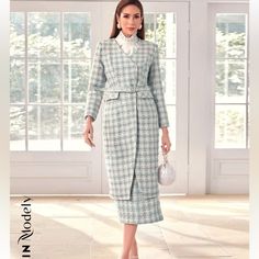 Women Tweed Jacket And Skirt Tailored Long Sleeve Tweed Dress For Winter, Blue Long Sleeve Skirt Suit For Fall, Fall Tweed Long Sleeve Skirt Suit, Fall Blue Office Skirt Suit, Winter Tweed Skirt Suit With Long Sleeves, Tweed Jacket And Skirt, Shein Jackets, Dress And Jacket, Coats Women