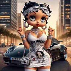 a woman in a white dress standing next to a car with big eyes and large hoop earrings