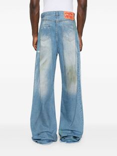 Find EGONLAB Wide-leg Jeans on Editorialist. light blue cotton washed denim distressed effect wide leg front button and zip fastening high-waisted belt loops classic five pockets whiskering effect ripped detailing logo patch to the rear