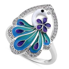 Sterling Silver Hand-Painted Multi-Colored Peacock Clear CZ Ring Double Finger Ring, Turquoise Statement Ring, Fashion Rings Silver, Sparkly Ring, Purple Rings, Silver Gold Jewelry, Rhinestone Ring, Cz Pendant, Stone Material