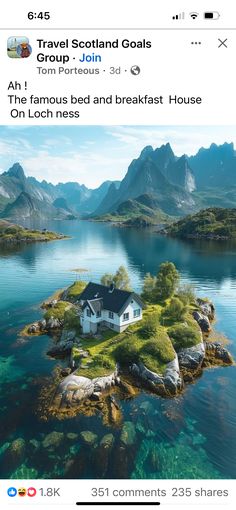 an island in the middle of water with a house on it, surrounded by mountains