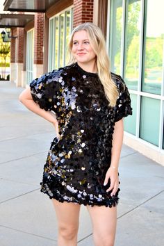 Black short sleeve sequin mini dress Sizes S, M and L Knee-length Sequined Mini Dress For Date Night, Short Sleeve Sequin Evening Dress, Sequined Knee-length Mini Dress For Holiday Party, Summer Short Sleeve Sequin Dress, Summer Night Out Mini Dress With Short Sleeves, Summer Mini Dress For Night Out With Short Sleeves, Holiday Dresses With Short Sleeves, Cocktail Dress With Sequins And Short Sleeves, Chic Short-sleeve Embellished Dress