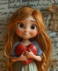 a close up of a doll with long hair and big eyes holding a red heart