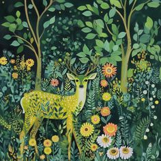 a painting of a deer surrounded by flowers and trees