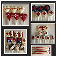 several pictures of medical themed cakes and cupcakes on sticks with the words nurse spelled out in red, white, and blue