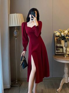 French red dress for women 2024 autumn new style temperament waist slimming fairy skirt slimming certificate long skirt Women's Party Dress, Birthday Outfit In Winter For Women, Red Dress Korean Style, Long Bodycon Dress Outfit Birthday, One Piece Dress For Birthday, Feminine Autumn Outfits, Elegant Red Dress Aesthetic, Western Dresses For Women Parties, Bodycon Birthday Dress