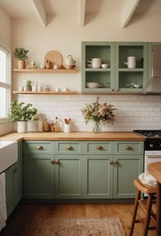 Wood Accents Kitchen, Cottage Kitchen Renovation, Small Cottage Kitchen, Green Cabinets, Kitchen Cabinet Colors, Cottage Kitchen, Green Kitchen, Kitchen Inspo