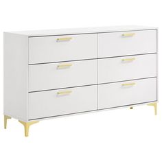 a white dresser with gold handles and drawers on the bottom, against a white background