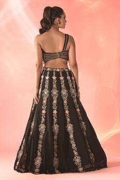 Black lehenga featuring floral panel embroidery with attached inner lining. Paired with a padded blouse adorned with 3D floral applique and a dupatta with embroidered border., Fit: Relaxed Fitted Lehenga With Floral Embroidery For Evening, Evening Lehenga With Floral Embroidery And Fitted Style, Fitted Evening Lehenga With Floral Embroidery, Evening Fitted Lehenga With Floral Embroidery, Lehenga Pattern, Floral Applique, Floral Embroidery, Aza Fashion, Lehenga