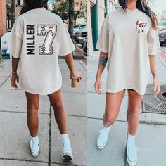 two pictures of a woman walking down the street wearing white sneakers and a t - shirt dress