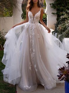 Wedding Dresses A Line V Neck Sleeveless Lace Appliqued Bridal Gowns With Train Wedding Dress 3d Flowers, Wedding Dresses 3d Flowers, Wedding Dress Spaghetti Straps, Pnina Tornai, Cute Wedding Dress, Sweetheart Wedding Dress, Backless Wedding, Dream Wedding Ideas Dresses, Bridal Fashion Week