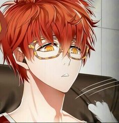 an anime character with red hair and glasses looking at something in front of his face