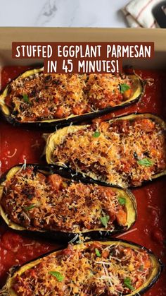 stuffed eggplant parmesan in a red dish with text overlay that reads stuffed eggplant parmesan in 5 minutes