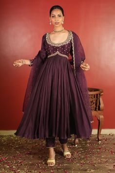 Purple padded anarkali with intricated pleated flare, floral pattern, contrast metallic zardozi, sequins, cut dana and beads hand embroidered yoke. Paired with embroidered narrow pant and scallop cut work bordered dupatta. - Aza Fashions Flare Anarkali Dress, Anarkali Border Designs, Celebrity Anarkali Dresses, Flared Anarkali Dresses, Pleated Anarkali Dress, Purple Anarkali Dress, Neck Reference, Anarkali Designs, Anarkali Frock