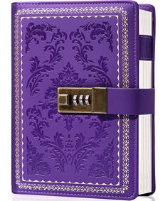 a purple book with gold accents and a lock on the cover is shown in front of a white background