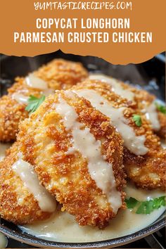 chicken parmesan crusted chicken is served on a plate with gravy