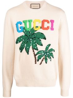 Clothing Branding Design, Tropical Trend, Gucci Sweater, Knit Edge, Crewneck Design, Wool Jumper, Palm Tree Print, Favorite Sweater, Mix Color