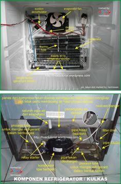 two pictures showing different parts of an air conditioner, and the same part with words describing