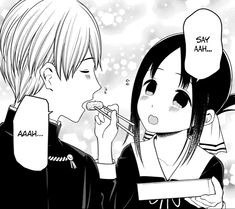 an anime scene with two people eating food and one is looking at the other side