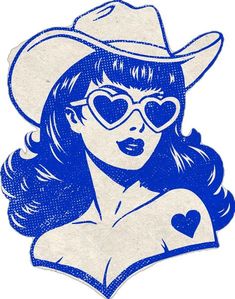 a drawing of a woman with heart shaped glasses and a cowboy hat on her head