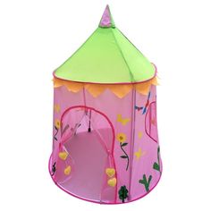 a pink and green play tent with flowers on the top, in front of a white background