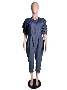 Long Sleeve Pocket Button Loose Denim Jumpsuit