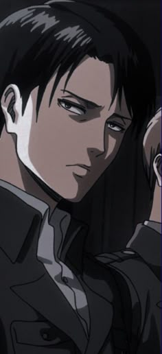 an anime character with black hair wearing a suit