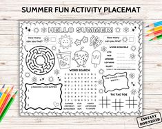 the printable summer fun activity placemat is shown with pencils and crayons