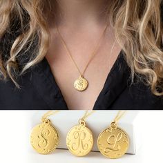 "S Initial pendant, Gold L Initial Necklace, Script Monogram Coin Disc Necklace, Layering Letter Charm Pendant, Vintage Personalized Alphabet This necklace features a unique, vintage-inspired script initial monogram stamped onto a Gold, Silver or Rose Gold disc. Each piece arrives packaged in our premium quality gift boxes, complete with a polishing cloth & care instructions. These necklaces are meant to be gifted! H O W ∙ T O ∙ O R D E R 1st DROP DOWN menu * Select the letter for your charm Monogram Medallion Jewelry For Gift, Monogrammed Medallion Jewelry For Gift, Symbolic Initial Pendant Charm Necklace As Gift, Gold Personalized Round Locket Necklace, Personalized Gold Round Locket Necklace, Personalized Round Gold Locket Necklace, Monogram Pendant Jewelry For Gifts, Personalized Adjustable Gold Locket Necklace, Personalized Symbolic Initial Pendant Necklace