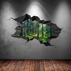 an image of a forest through a hole in the wall