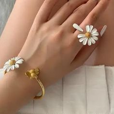 White Enamel Daisy Flower Set 2 Pcs Bracelet & Rings Gold Metal Opening Bracelet White Enamel, Daisy Flower, Ring Bracelet, Gold Metal, Gold Rings, Daisy, White Gold, Flowers, Gold