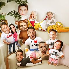 a group of people sitting on top of a couch with paper cutouts of them