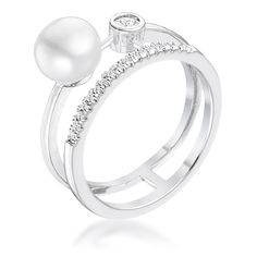 LOVCIA Elegant Rhodium Plated Double Band Ring with .15Ct CZ and Freshwater Pearl Black Pearl Ring, Wedding Fancy, Double Band Ring, Jewelry For Brides, Double Band Rings, Pearls Wedding, Pearl Bridal Jewelry, Pearl Rings, Blue Magic