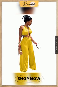 Cut Out Halter Neck Sleeveless Wide Leg Jumpsuit Casual Cutout Jumpsuits And Rompers For Spring, Casual Spring Jumpsuits And Rompers With Cutout, Sleeveless Strapless Jumpsuit For Beach, Strapless Sleeveless Jumpsuit For Beach Vacation, Casual Summer Jumpsuits And Rompers With Cutout, Summer Casual Jumpsuits And Rompers With Cutout, Trendy Strapless Sleeveless Jumpsuit For Spring, Fitted Sleeveless Jumpsuit For Beach Season, Fitted Sleeveless Jumpsuits And Rompers For Beach Season