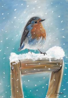 a painting of a bird sitting on top of a wooden fence in the snow,