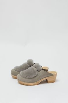 No.6 Billie Fur Clog on Mid Heel in Mist – No.6 Store Winter Shearling Mules, Winter Mules With Rubber Sole And Round Toe, Winter Sheepskin Slip-on Clogs, Winter Comfortable Clogs With Suede Lining, Winter Clogs With Suede Lining, Winter Clogs With Suede Lining And Comfortable Style, Winter Sheepskin Clogs With Suede Lining, Comfortable Shearling Clogs With Rubber Sole, Winter Slip-on Mules With Leather Sole