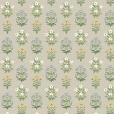 a floral pattern with white and yellow flowers on a light gray background that is very similar to an old wallpaper