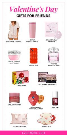 valentine's day gifts for friends is shown in pink and white with the words,