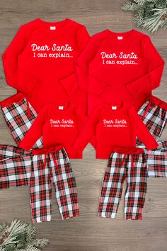 *Adult & child sets sold separately* Pajama set comes with long sleeve top and pair of pants Plaid print fabric lends sweet, seasonal charm Soft fabric provides cozy all-night comfort Perfect for family Holiday pictures, or relaxing movie nights in Gift your family's wardrobe a seasonally sweet vibe with these "Dear Santa I Can Explain" Family Pajamas. These pajama sets come with a long-sleeve top and pair of matching plaid bottoms. Both pieces are made from a soft fabric blend for comfortable w Christmas Jammies Family, Family Pajamas Christmas, Family Holiday Pictures, Matching Onesies, Dear Santa I Can Explain, Santa I Can Explain, Flannel Skirt, Christmas Pjs Family, I Can Explain