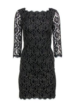 Current Boutique-Diane von Furstenberg - Black & Gold Lace Sheath Dress Sz 2 Formal Holiday Lace Dresses, Holiday Formal Lace Dresses, Formal Sheath Dress With Lace Sleeves, Elegant Lace Dress For Fall, Elegant Lace Trim Dress For Fall, Elegant Lace Trim Dress For Night Out, Elegant Fall Lace Dress With Lace Trim, Elegant Scalloped Lace Dress For Date Night, Elegant Stretch Lace Evening Dress