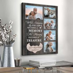 a couple's personalized family photo hanging on a wall next to a vase with flowers