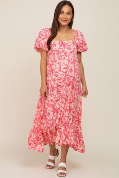 Fuchsia Floral Puff Sleeve Maternity Midi Dress – PinkBlush