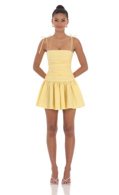 Ruched Fit and Flare Dress in Yellow | LUCY IN THE SKY Yellow Embroidered Dress, Sadie's Dresses, Fluttershy Dress, Yellow Homecoming Dress, Hoco Inspo, Sorority Recruitment Outfits