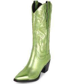 Jeffrey Campbell Women's Dagget Metallic Western Boots - Snip Toe , Green Metallic Western Boots, Tall Western Boot, Womens Cowgirl Boots, Cute Heels, Western Boot, Leather Pulls, Cowgirl Boots, Jeffrey Campbell, Contemporary Fashion