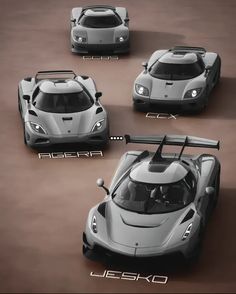 four different types of sports cars are shown in this image, one is grey and the other is white