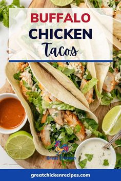 chicken tacos with lettuce, cilantro and sauce on the side