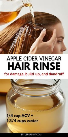 A clear glass bottle of apple cider vinegar next to a bowl and herbs, representing a DIY apple cider vinegar hair rinse for shiny, healthy hair and a refreshed scalp. Apple Vinegar Hair Rinse, Diy Acv, Apple Cider Vinegar Hair Rinse Recipe, Diy Hair Rinse, Vinegar Hair Rinse Recipe, Diy Apple Cider Vinegar, Hair Rinse Diy, Hair Rinse Recipe, Acv Hair Rinse